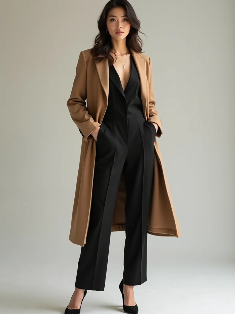 sleek jumpsuit layered with coat