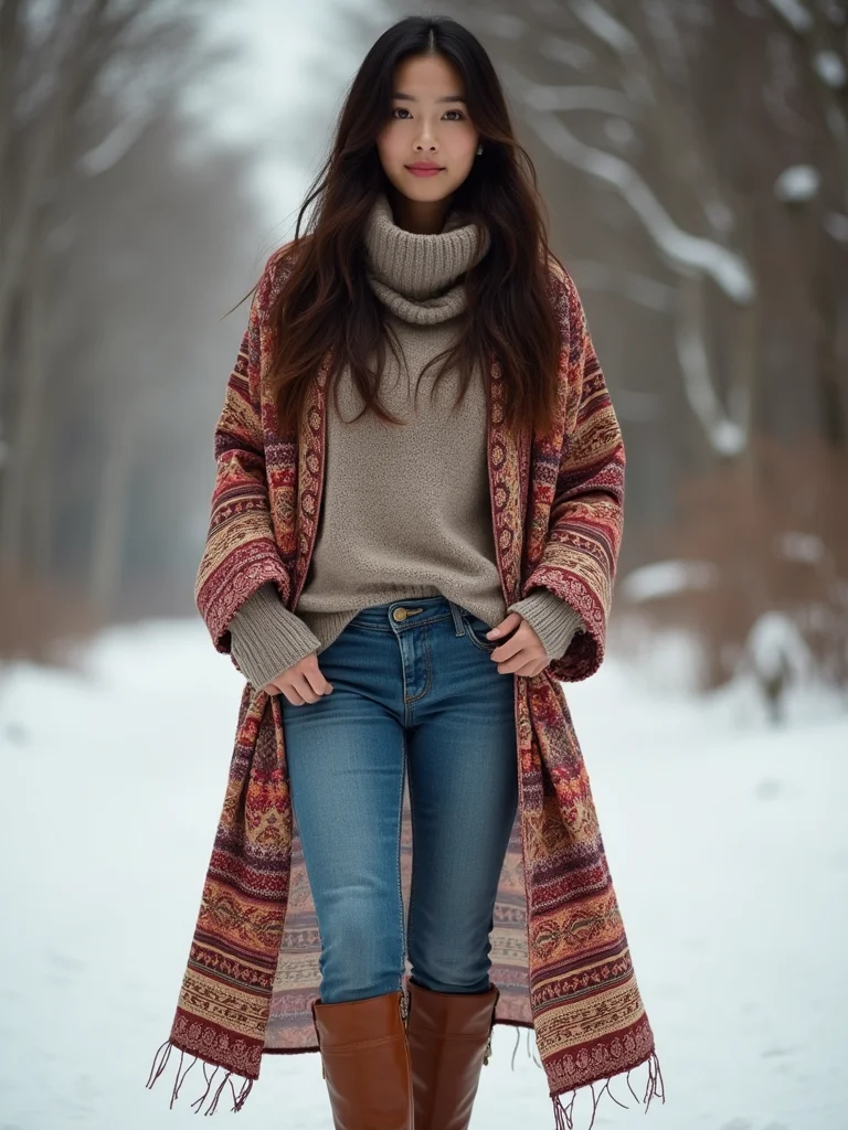 printed kimono over thermals