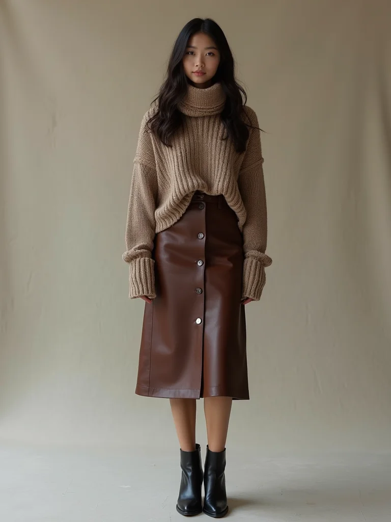 polished leather skirt contrast