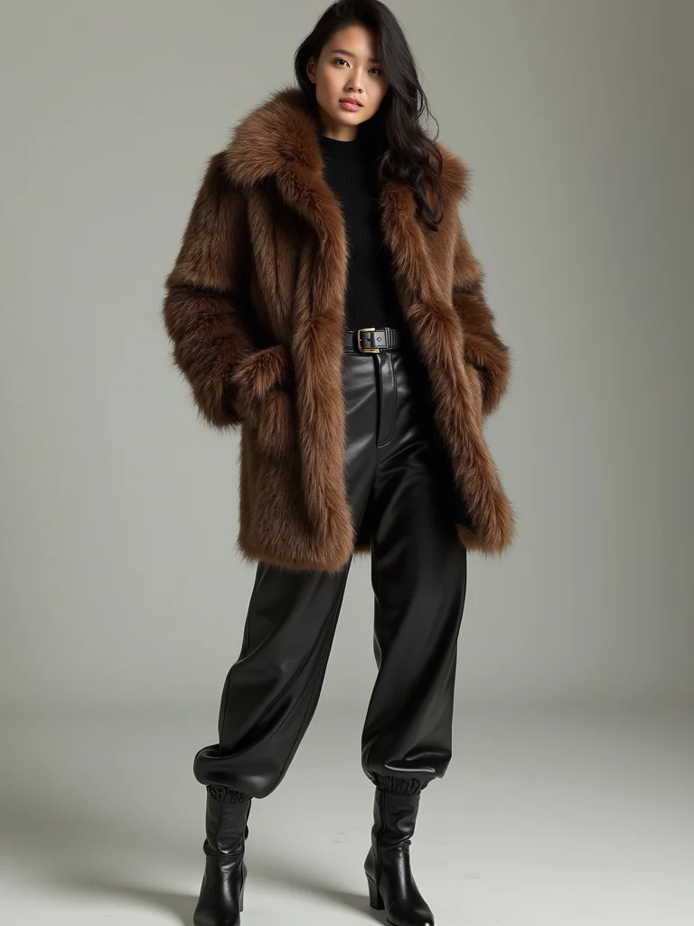 leather wool faux fur contrast