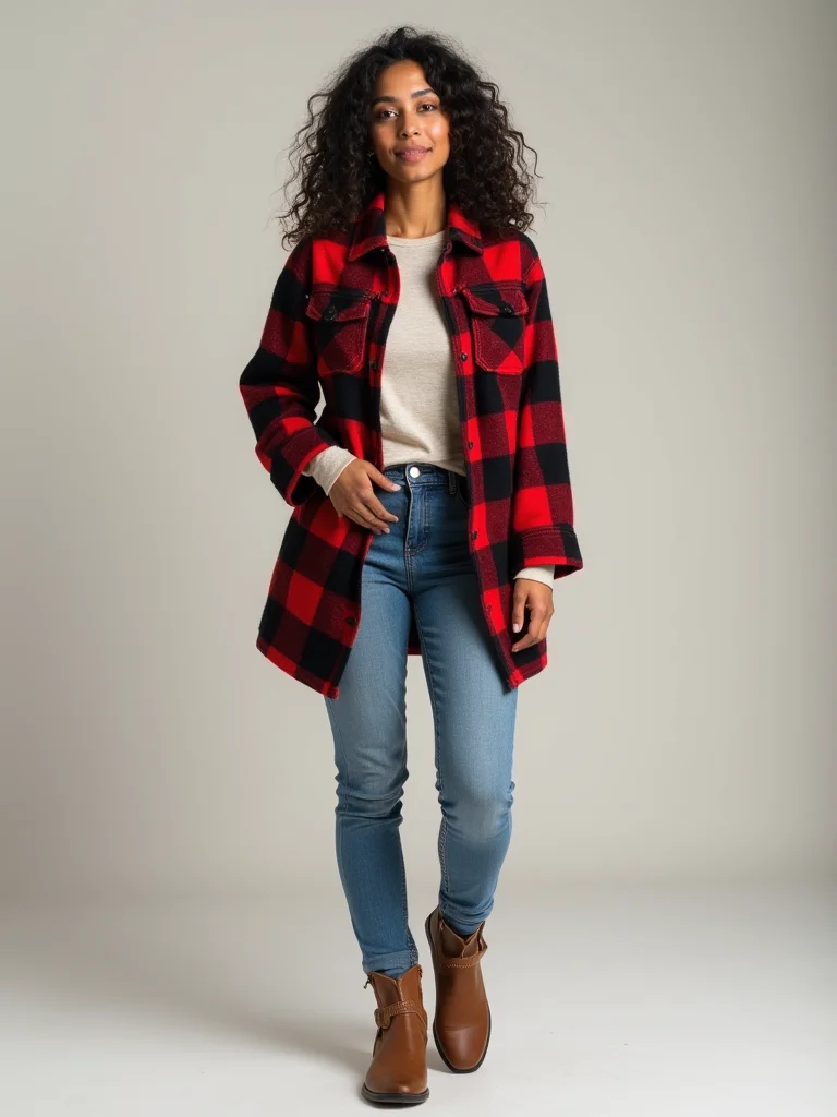 plaid shacket over thermal