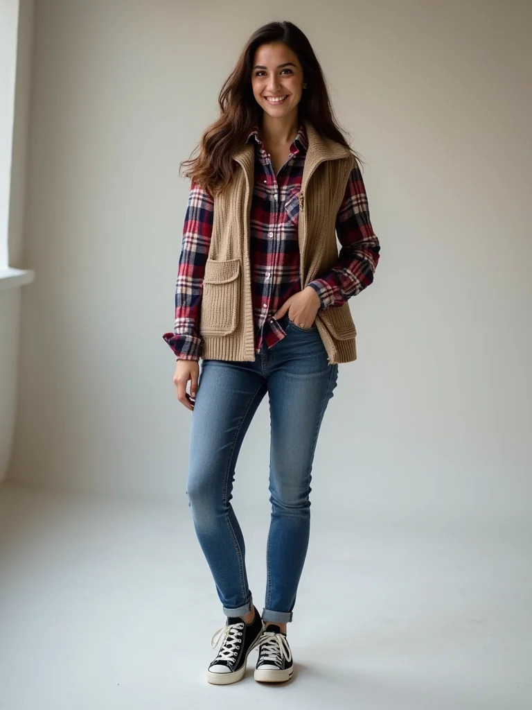 plaid shirt under vest