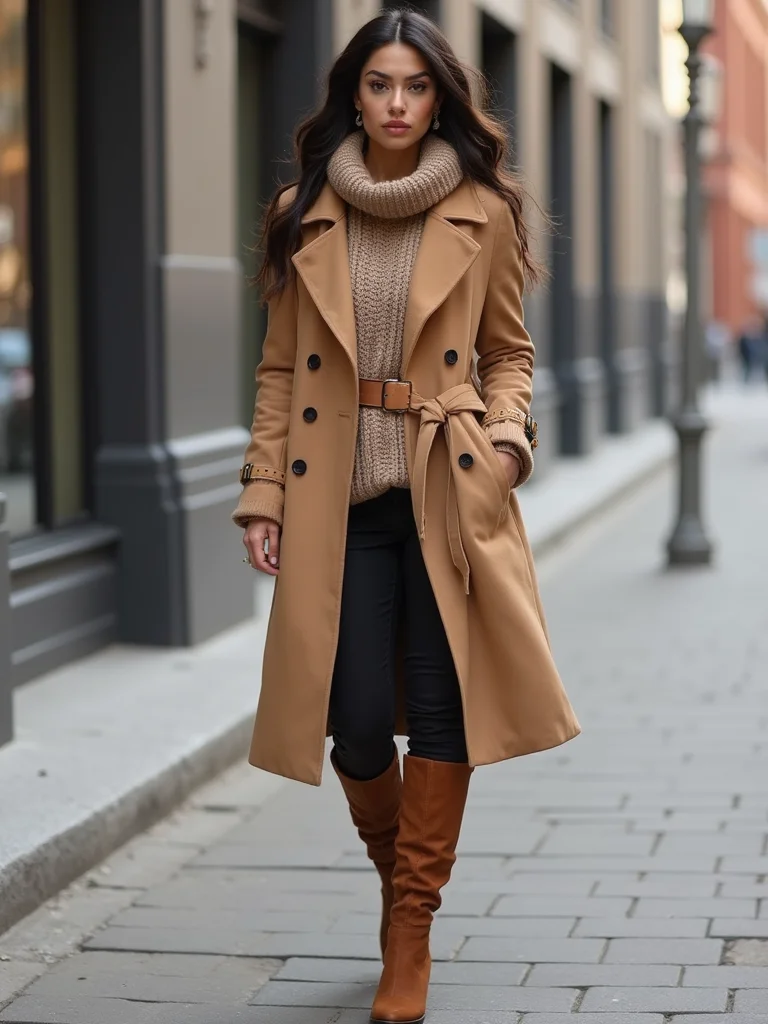 belted trench knee high boots