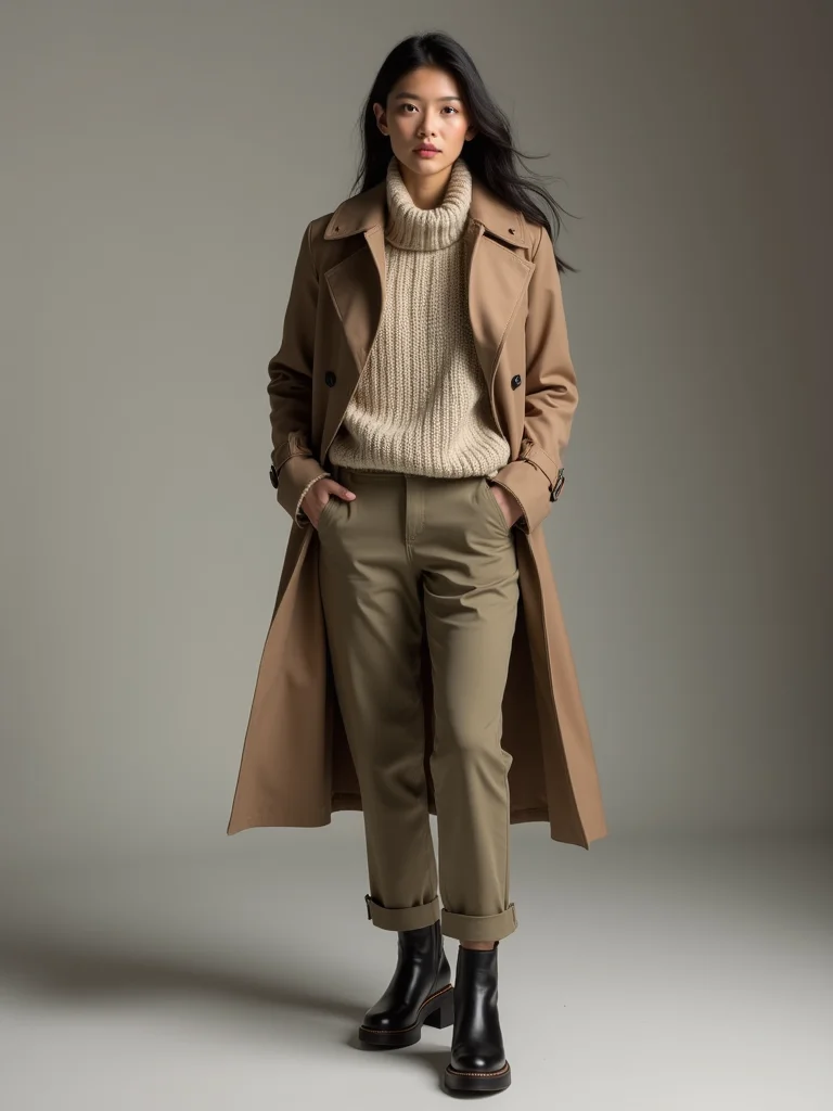 trench over chunky knit