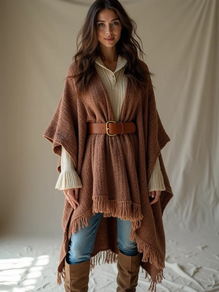 belted poncho layered chic