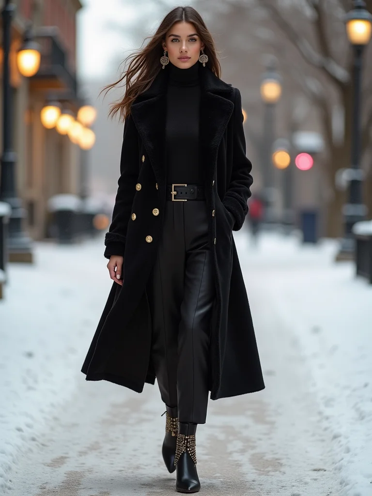 double breasted coat bold jewelry