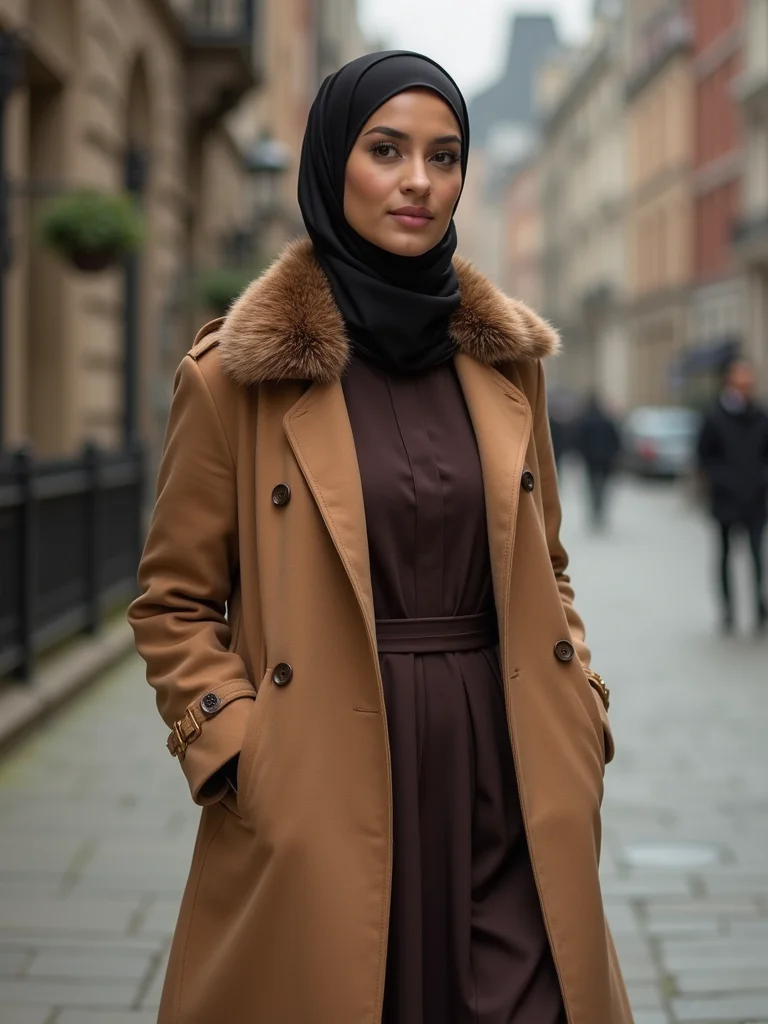 camel trench with fur