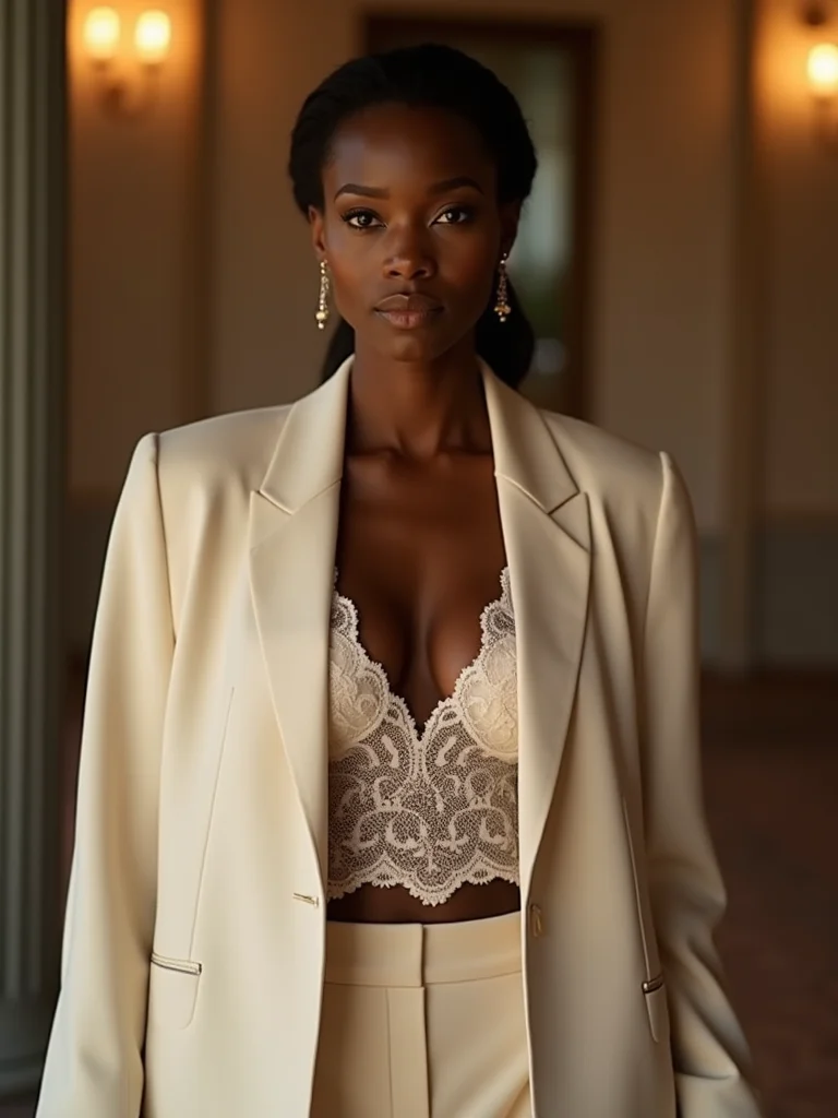 lace peeks from tailored coat