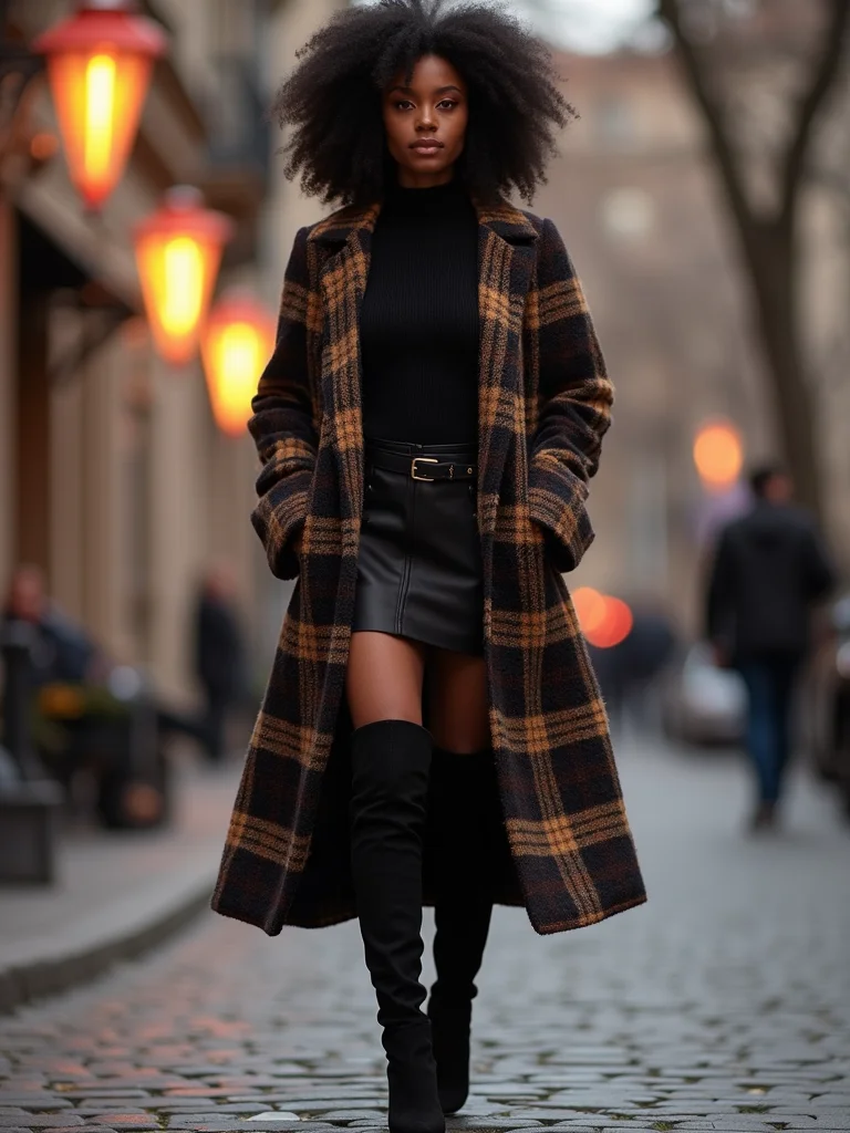 plaid coat knee high boots