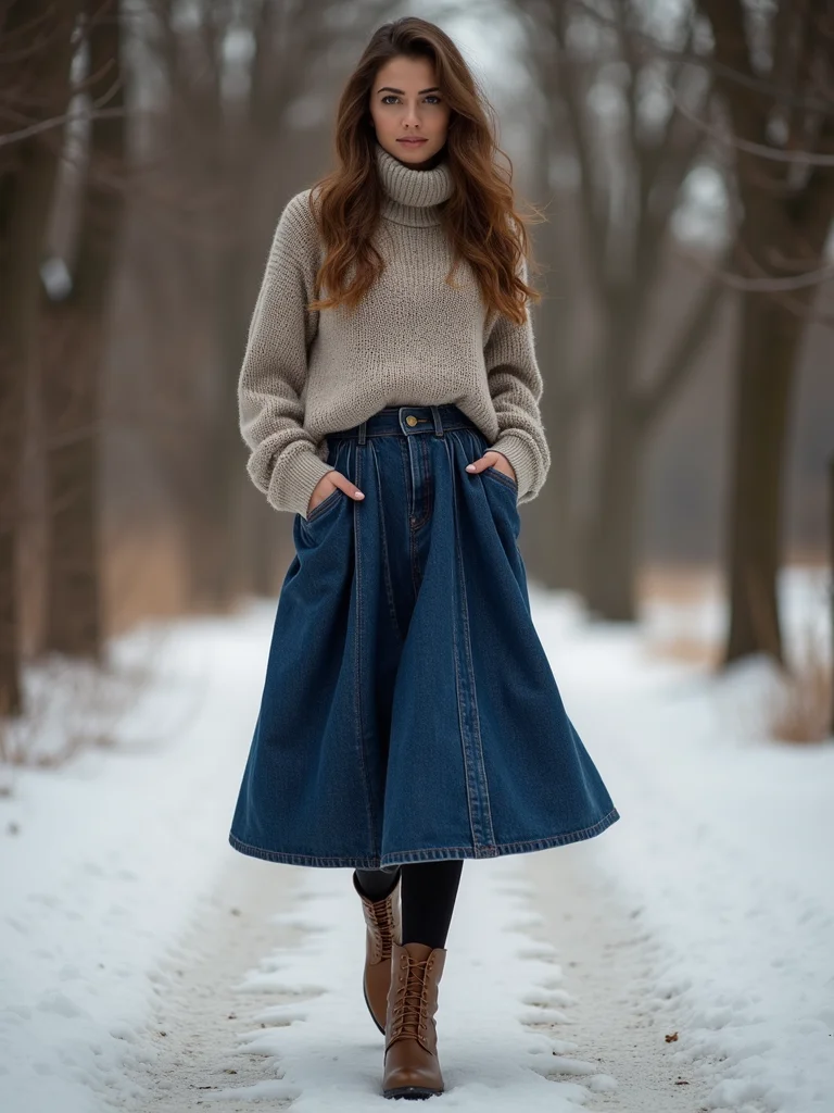 pleated denim skirt layering