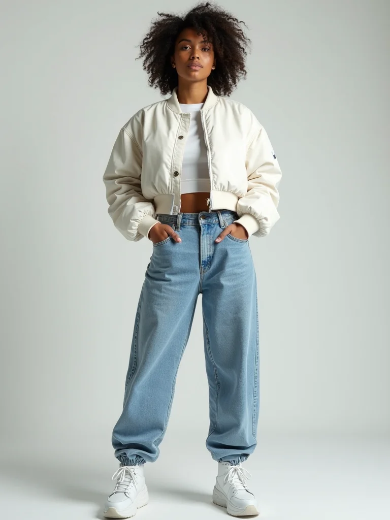 cropped bomber baggy jeans