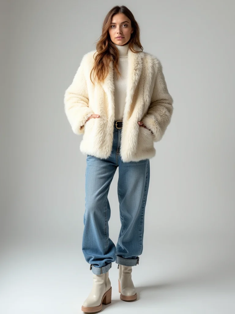 plush coat with baggy jeans