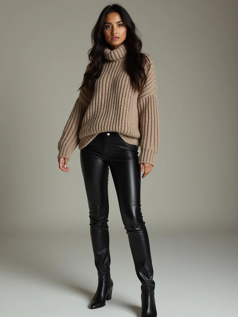 chunky knit sleek leather