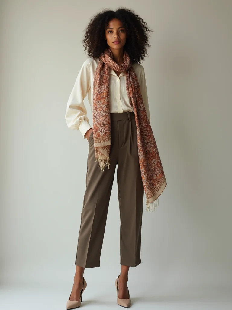 patterned scarf elevates plain blouse