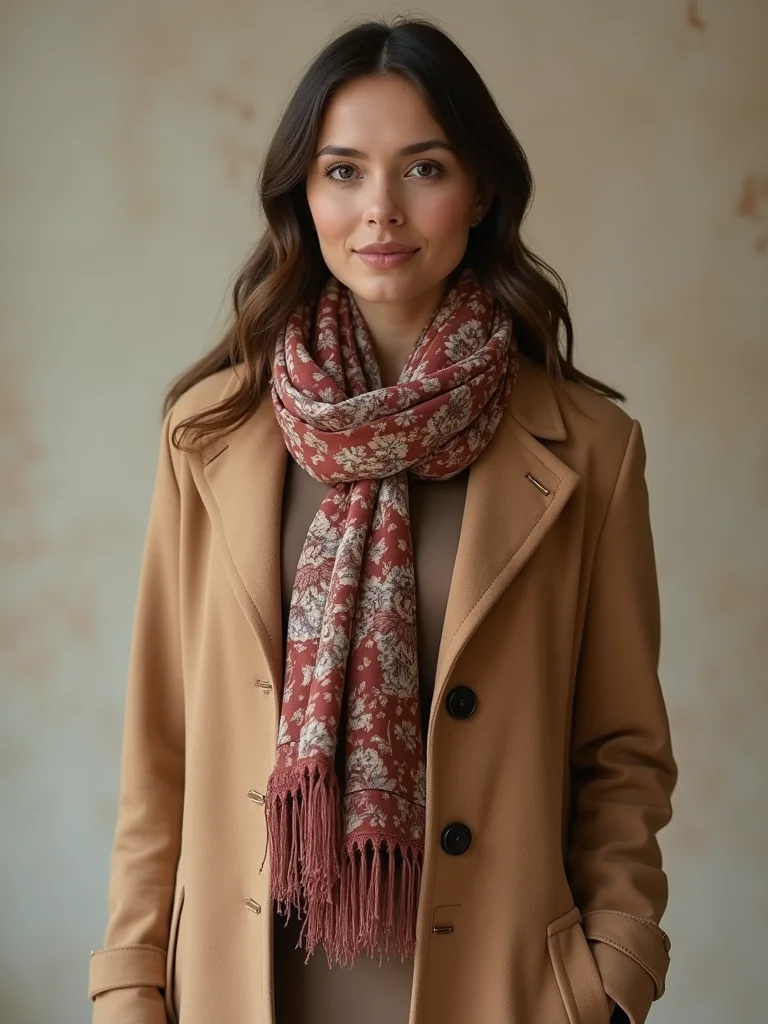 camel coat with floral scarf