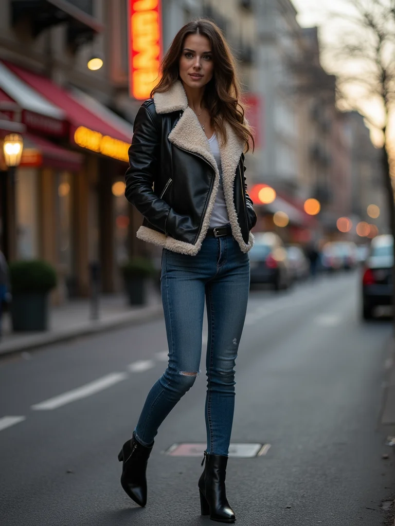 shearling lined moto jacket ensemble