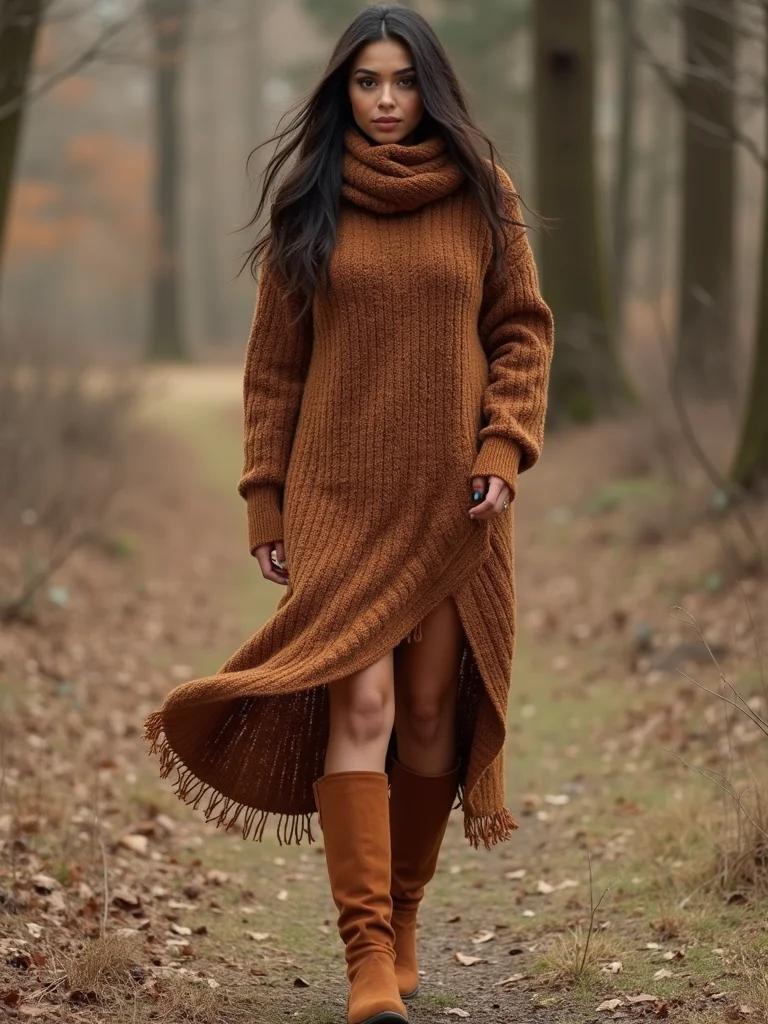 earth toned sweater dress ensemble