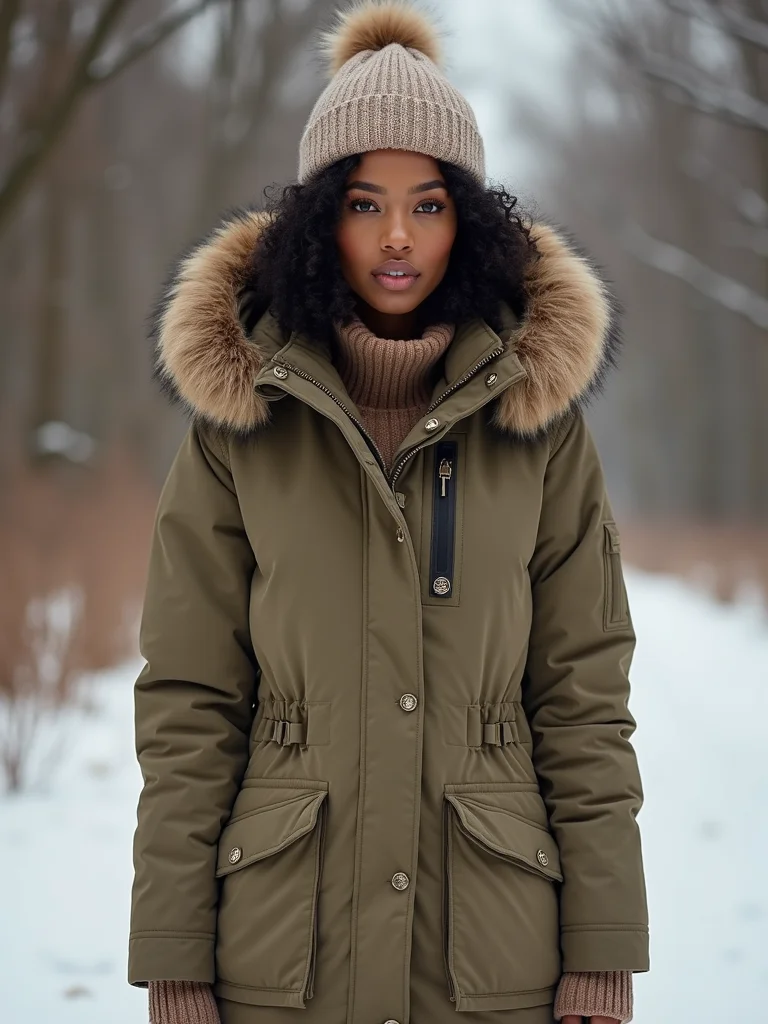neutral parka faux fur beanie