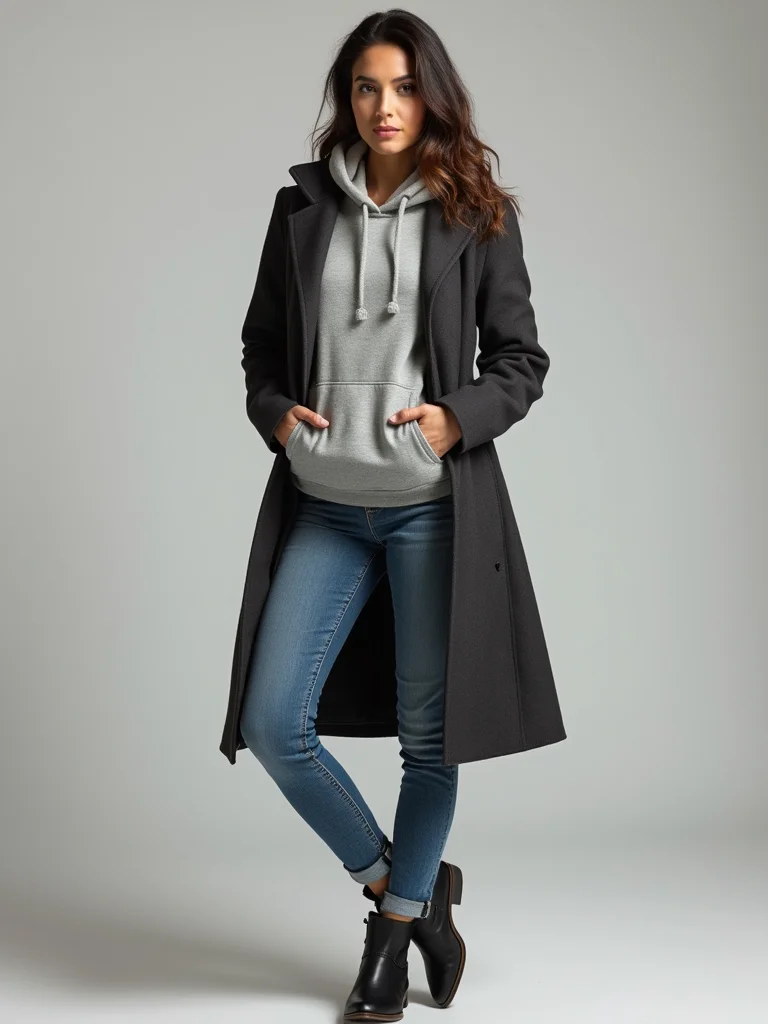 hoodie beneath tailored wool overcoat