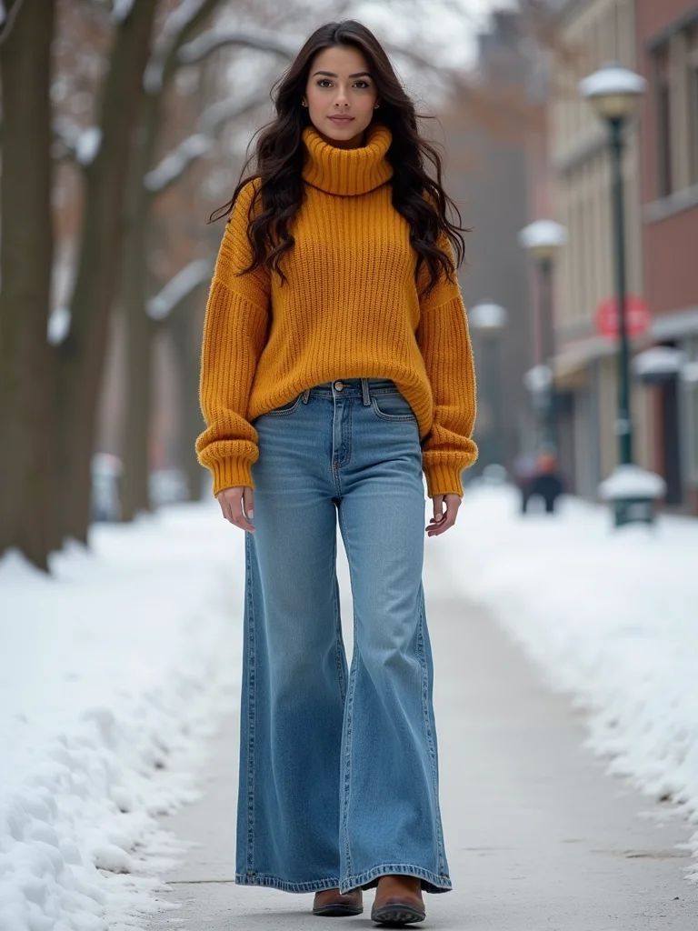 layered turtlenecks wide leg jeans