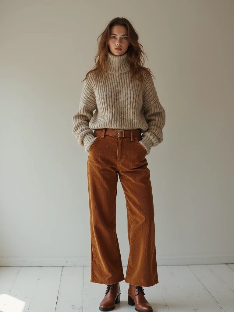 slim layered turtlenecks with corduroy