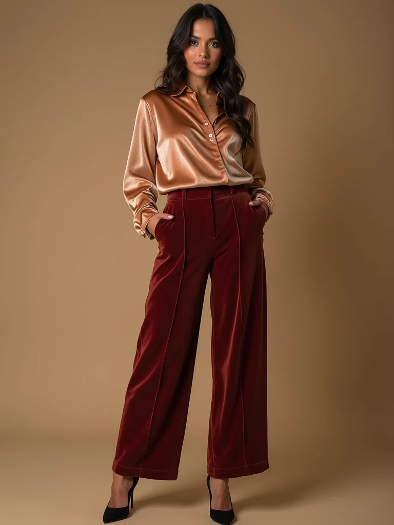 velvet blouse high waist trousers